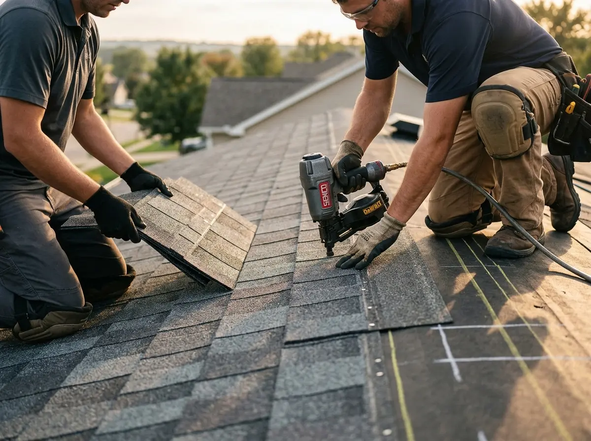 Professional roofer working on a residential roof in Kendale Lakes